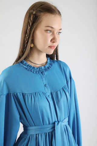 Robalı Saten Elbise Mavi - 5