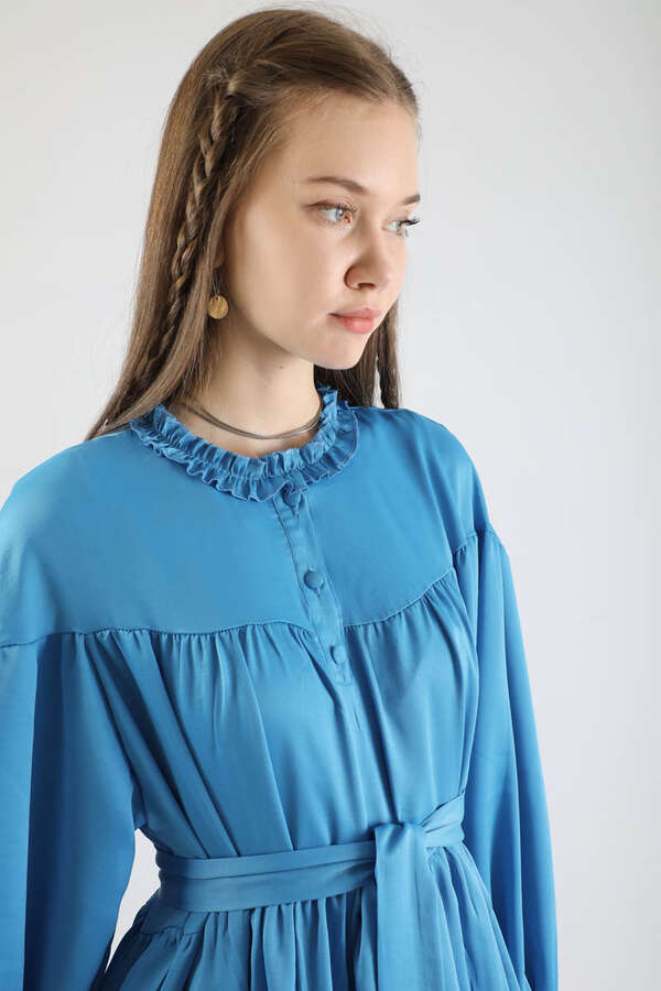 Robalı Saten Elbise Mavi - 5