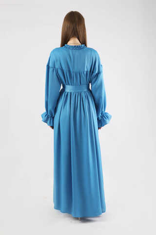 Robalı Saten Elbise Mavi - 6