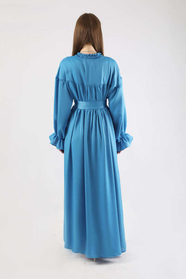 Robalı Saten Elbise Mavi - 6