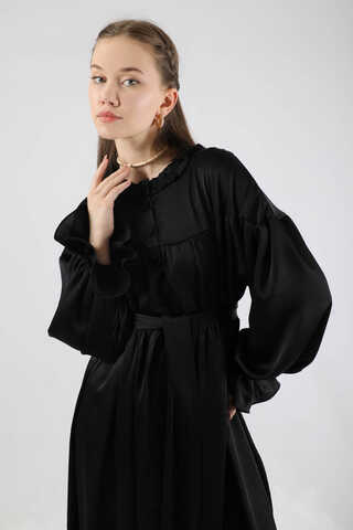 Robalı Saten Elbise Siyah - 2