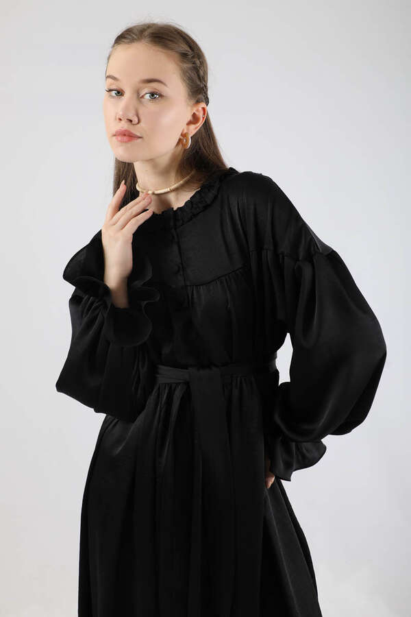 Robalı Saten Elbise Siyah - 2