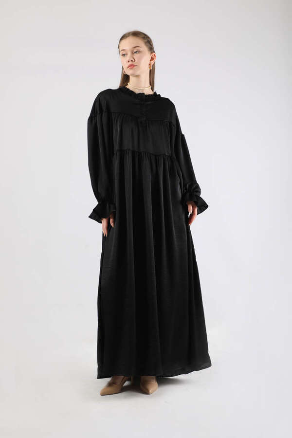 Robalı Saten Elbise Siyah - 3