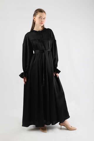 Robalı Saten Elbise Siyah - 5