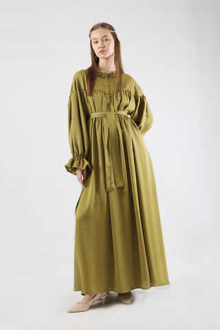 Robalı Saten Elbise Yağ Yeşili - 1