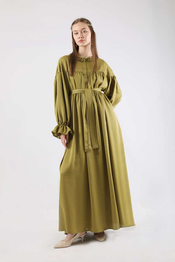 Robalı Saten Elbise Yağ Yeşili 