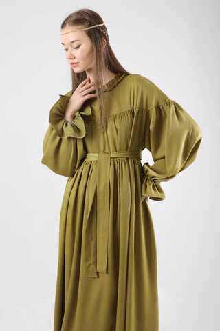 Robalı Saten Elbise Yağ Yeşili - 4