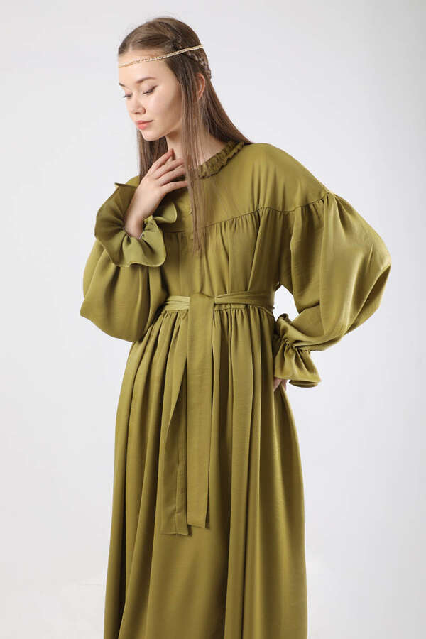 Robalı Saten Elbise Yağ Yeşili - 4