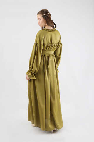 Robalı Saten Elbise Yağ Yeşili - 5