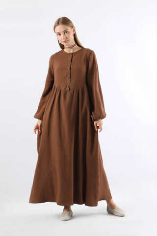 Robası Düğmeli Müslin Elbise Kahve - 1