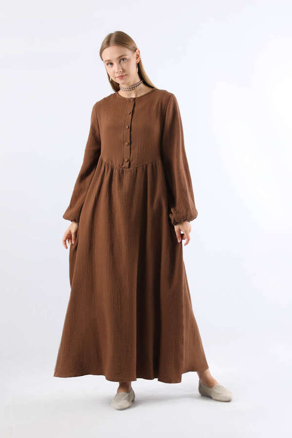 Robası Düğmeli Müslin Elbise Kahve - 1