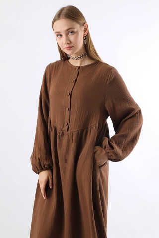 Robası Düğmeli Müslin Elbise Kahve - 2