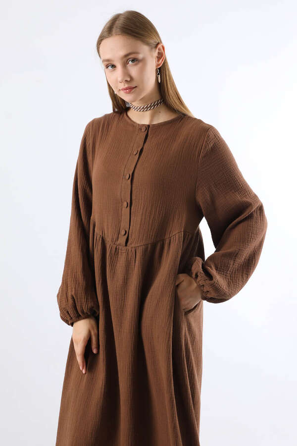 Robası Düğmeli Müslin Elbise Kahve - 2