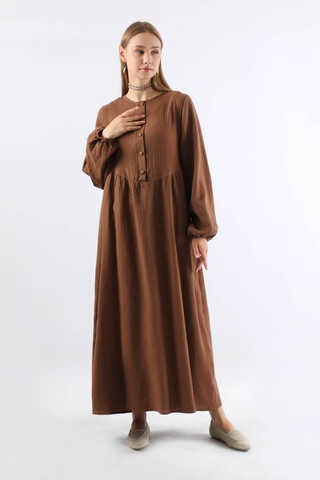Robası Düğmeli Müslin Elbise Kahve - 3