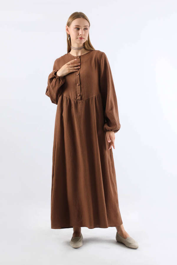 Robası Düğmeli Müslin Elbise Kahve - 3