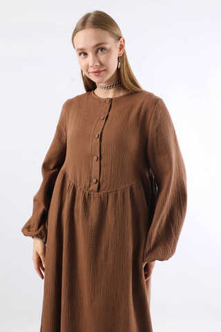 Robası Düğmeli Müslin Elbise Kahve - 4