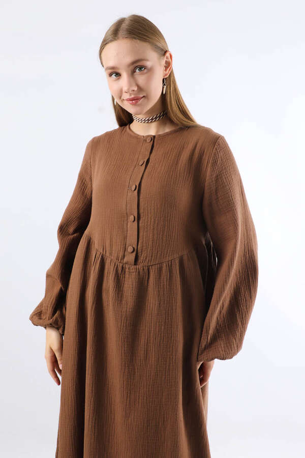 Robası Düğmeli Müslin Elbise Kahve - 4