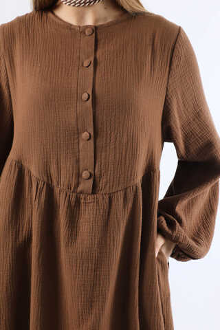 Robası Düğmeli Müslin Elbise Kahve - 5