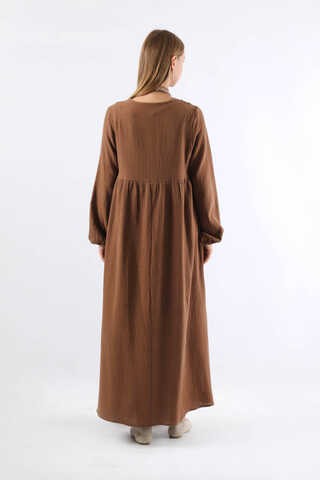 Robası Düğmeli Müslin Elbise Kahve - 6