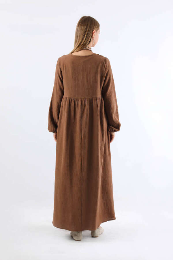 Robası Düğmeli Müslin Elbise Kahve - 6