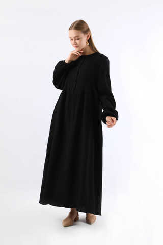 Robası Düğmeli Müslin Elbise Siyah - 1