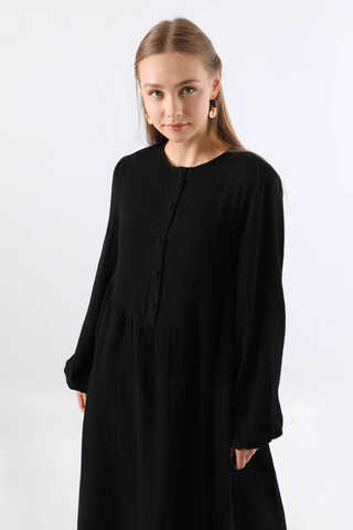 Robası Düğmeli Müslin Elbise Siyah - 2