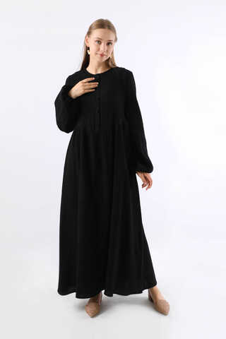 Robası Düğmeli Müslin Elbise Siyah - 3