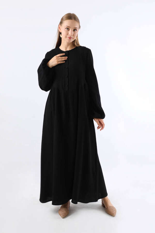 Robası Düğmeli Müslin Elbise Siyah - 3