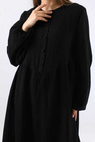 Robası Düğmeli Müslin Elbise Siyah - 4