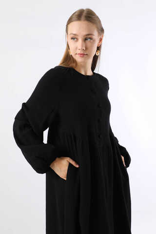 Robası Düğmeli Müslin Elbise Siyah - 5