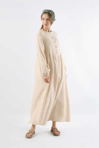Robası Düğmeli Müslin Elbise Taş - 1