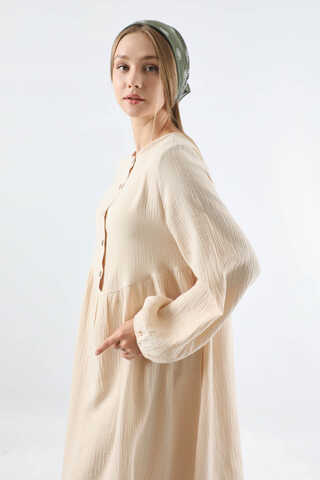 Robası Düğmeli Müslin Elbise Taş - 2