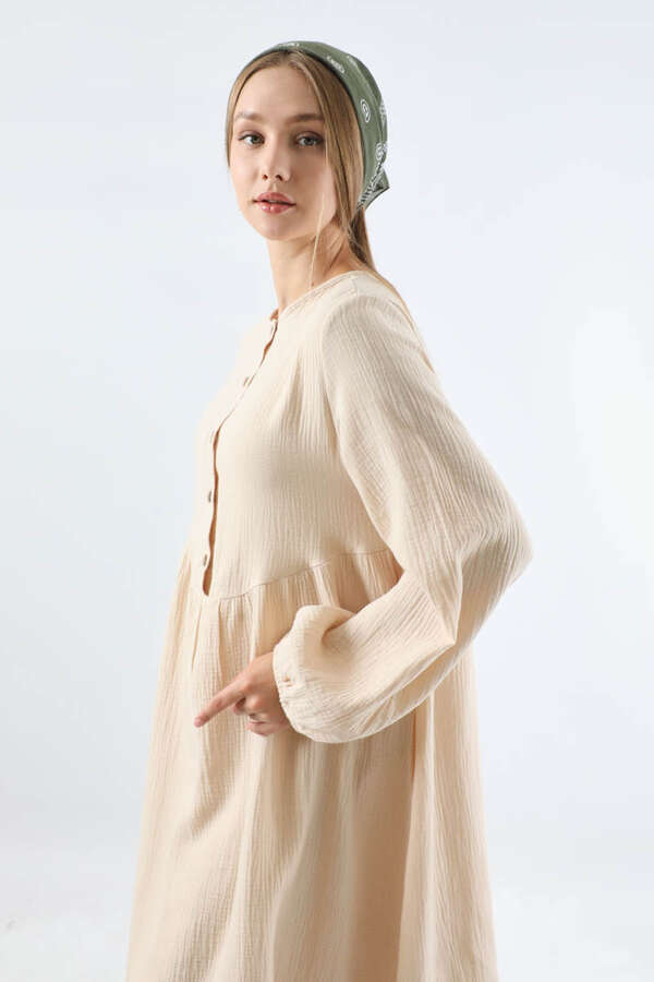 Robası Düğmeli Müslin Elbise Taş - 2