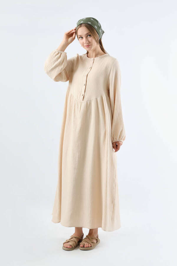 Robası Düğmeli Müslin Elbise Taş - 3