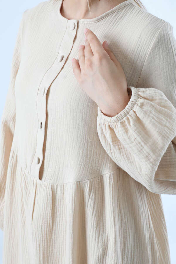 Robası Düğmeli Müslin Elbise Taş - 4