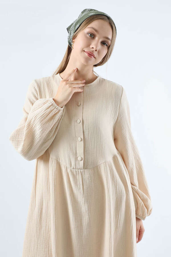 Robası Düğmeli Müslin Elbise Taş - 5