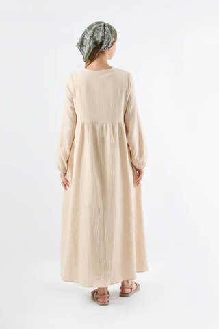 Robası Düğmeli Müslin Elbise Taş - 6