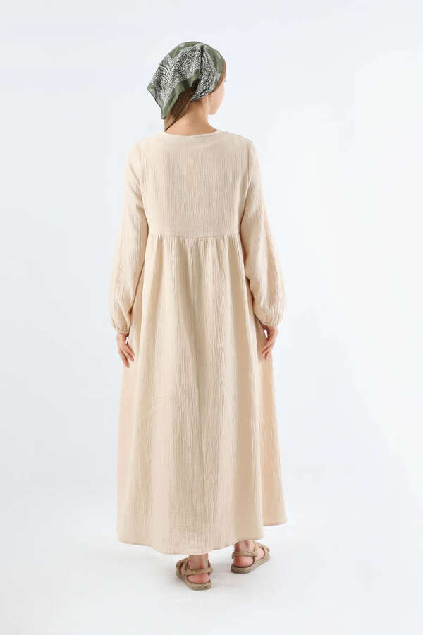 Robası Düğmeli Müslin Elbise Taş - 6