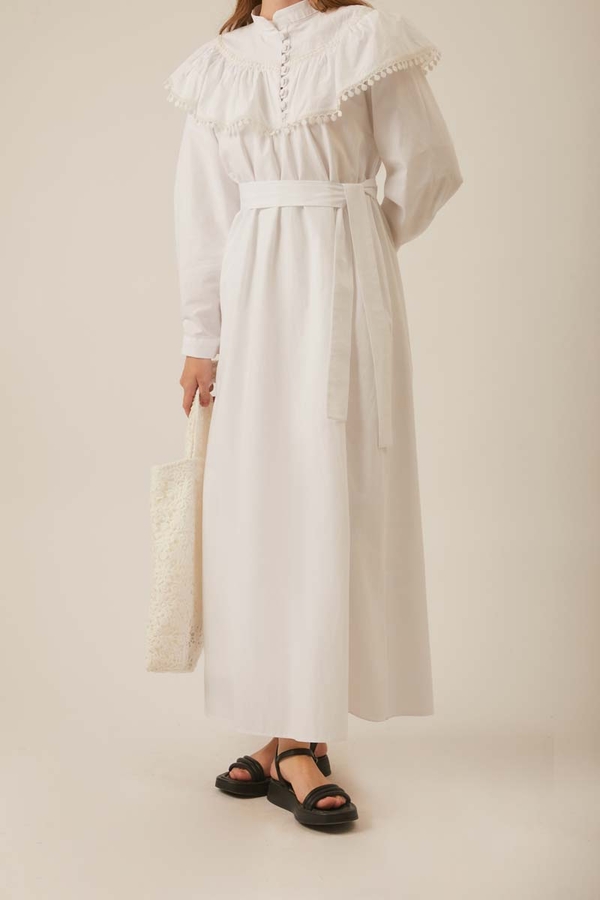 Robası Volan Detaylı Elbise Beyaz - 9