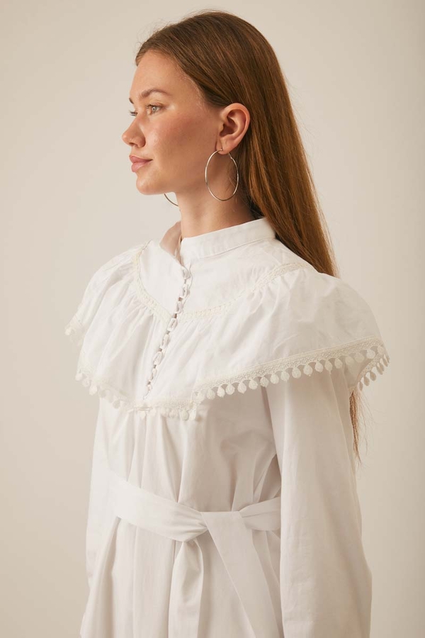 Robası Volan Detaylı Elbise Beyaz - 4