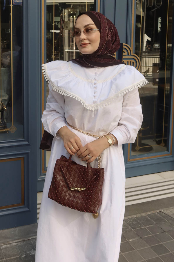 Robası Volan Detaylı Elbise Beyaz - 3