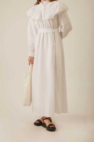 Robası Volan Detaylı Elbise Beyaz - 9