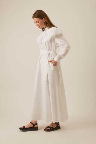 Robası Volan Detaylı Elbise Beyaz - 10