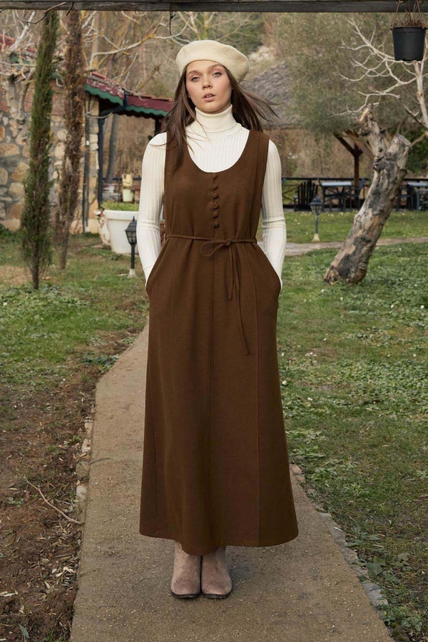 Round Neck Jumper Dress Brown - 5