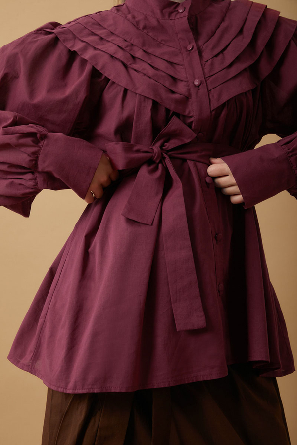 Roza Nervürlü Gömlek Bordo - 5