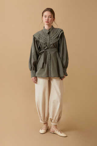 Roza Nervürlü Gömlek Haki - 2