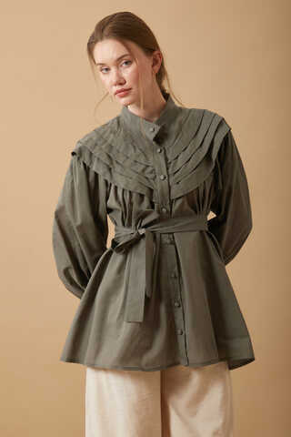 Roza Nervürlü Gömlek Haki - 4