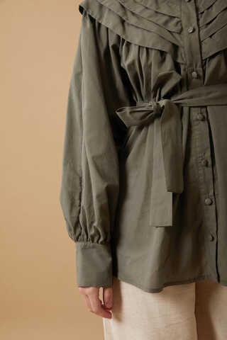 Roza Nervürlü Gömlek Haki - 5