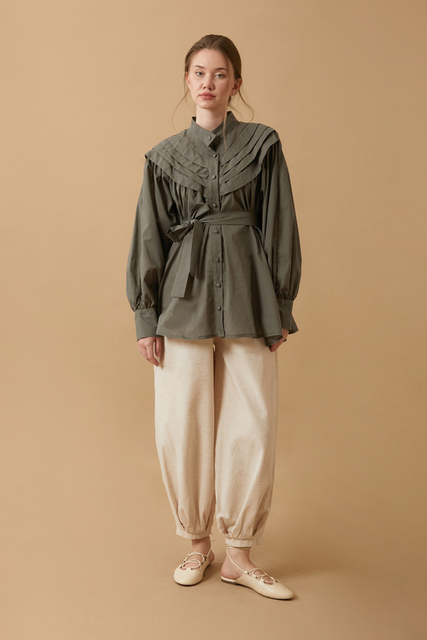 Roza Nervürlü Gömlek Haki - 2