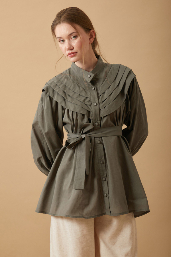 Roza Nervürlü Gömlek Haki - 4